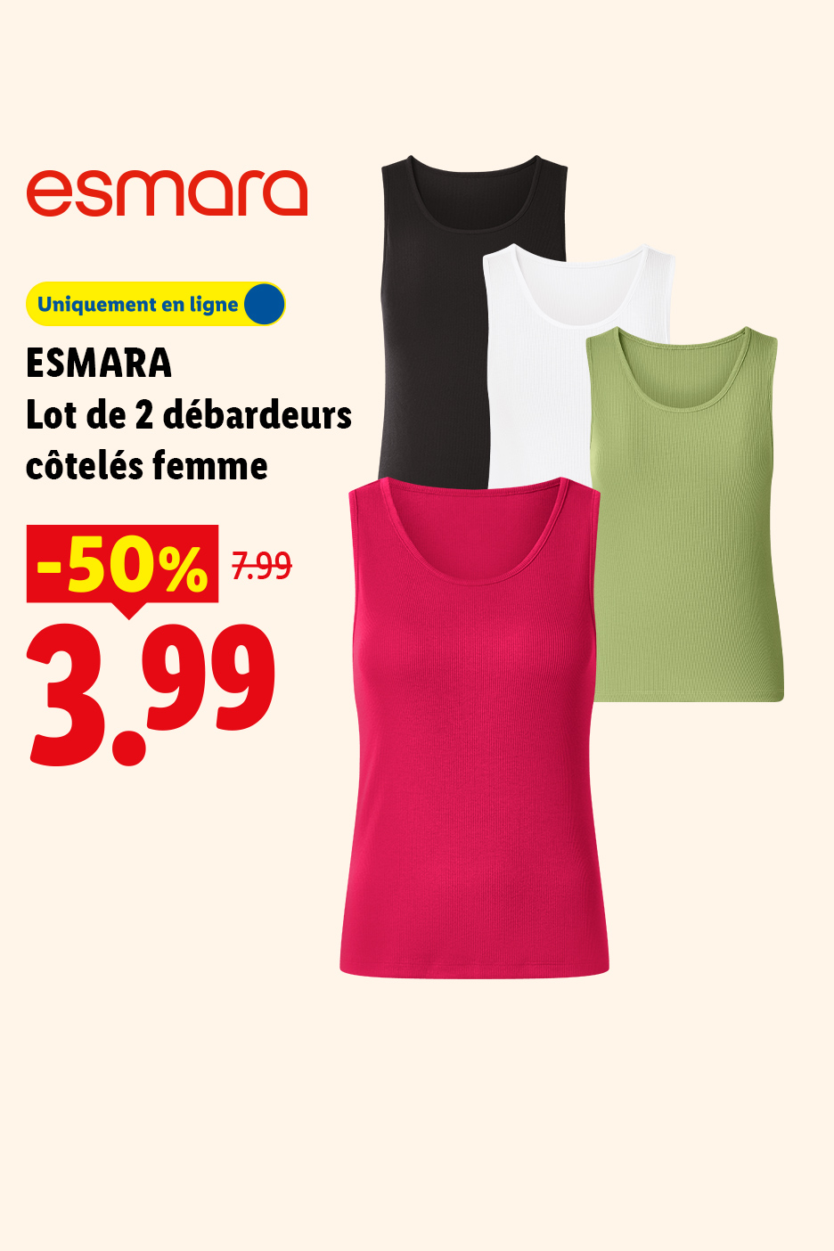 Lot de 2 débardeurs côtelés pour femme en différentes couleurs, avec une réduction de 50%.