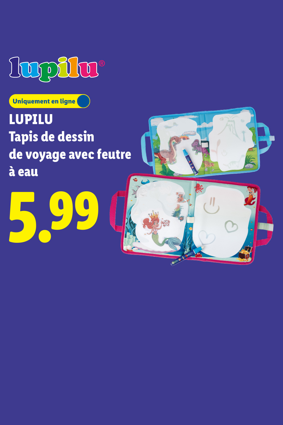 Du 18/06 au 21/06, profitez notre tapis de dessin de voyage avec feutre à eau, à 5,99€ seulement, uniquement sur Lidl.fr