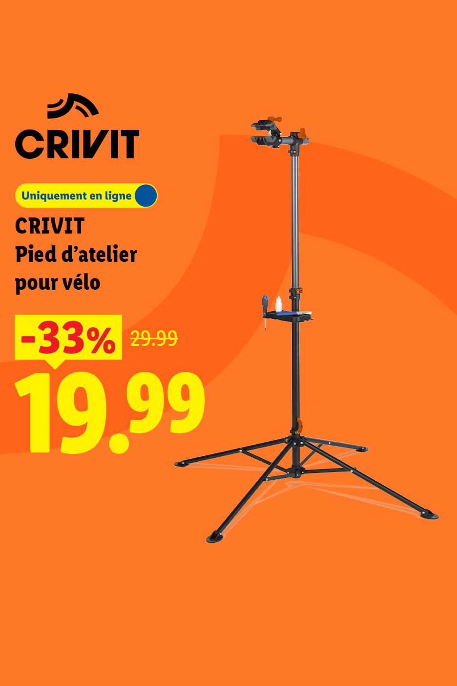 Support d'atelier pour vélo avec une réduction de 33%, prix final 19,99€.