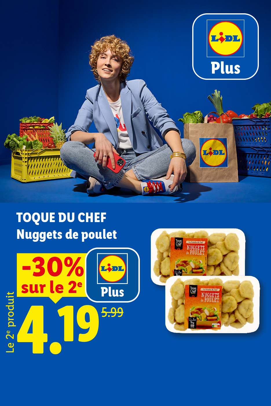 Du 25/06 au 01/07, profitez grâce à Lidl Plus de 30% de réduction sur le deuxième Nuggest de poulet, à 4,19€ au lieu de 5,99€