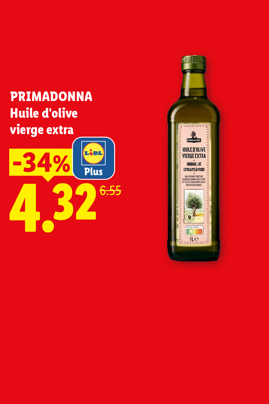 DU 06/07 au 08/07, profitez de -34% de réduction grâce à Lidl Plus sur notre huile d'olive vierge extra PRIMADONNA, à 4,32€ au lieu de 6,55€, seulement chez Lidl !