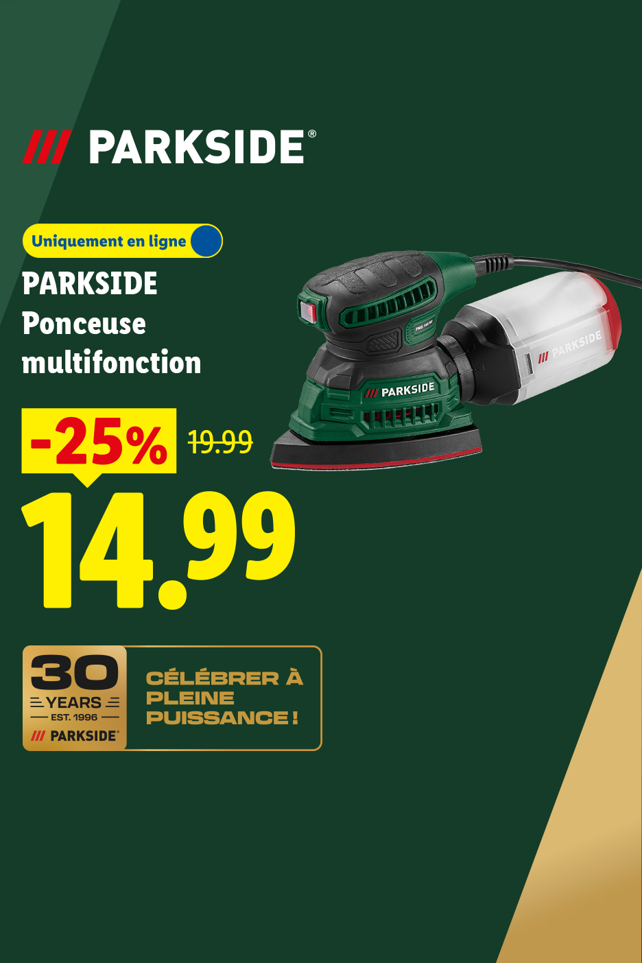 Ponceuse multifonction verte et noire, en ligne, avec une réduction de 25% à 14,99€ au lieu de 19.99€.