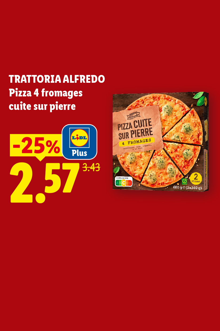 Du 20/07 au 22/07, profitez de -25% de réduction avec Lidl Plus sur notre pizza 4 fromages cuite sur pierre TRATTORIA ALFREDA, à 2,57€ au lieu de 3,43€, seulement chez Lidl !