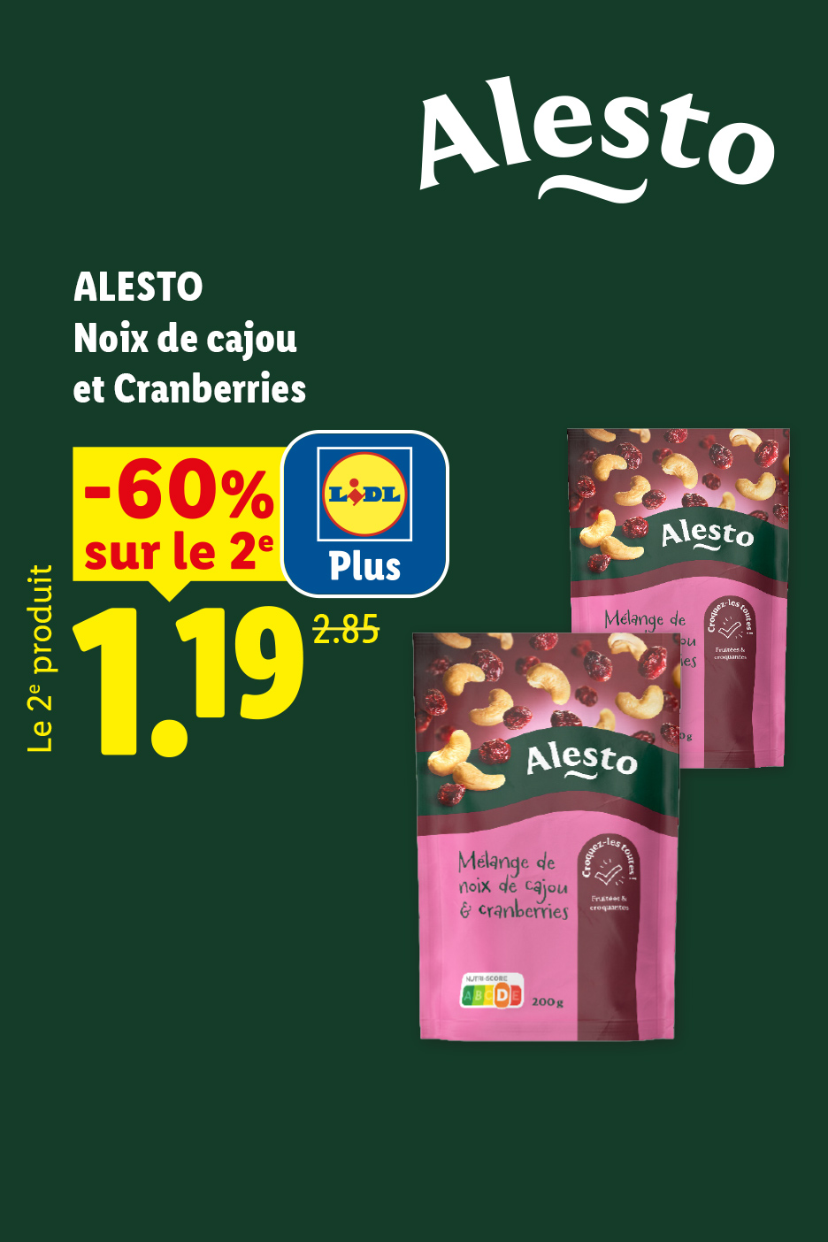 Mélange de noix de cajou et canneberges avec une offre de -60% sur le 2ème produit.