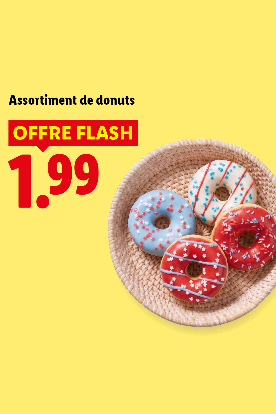 A partir du 23/07, profitez de notre assortiment de donuts à 1,99€ seulement, exclusivement chez Lidl !