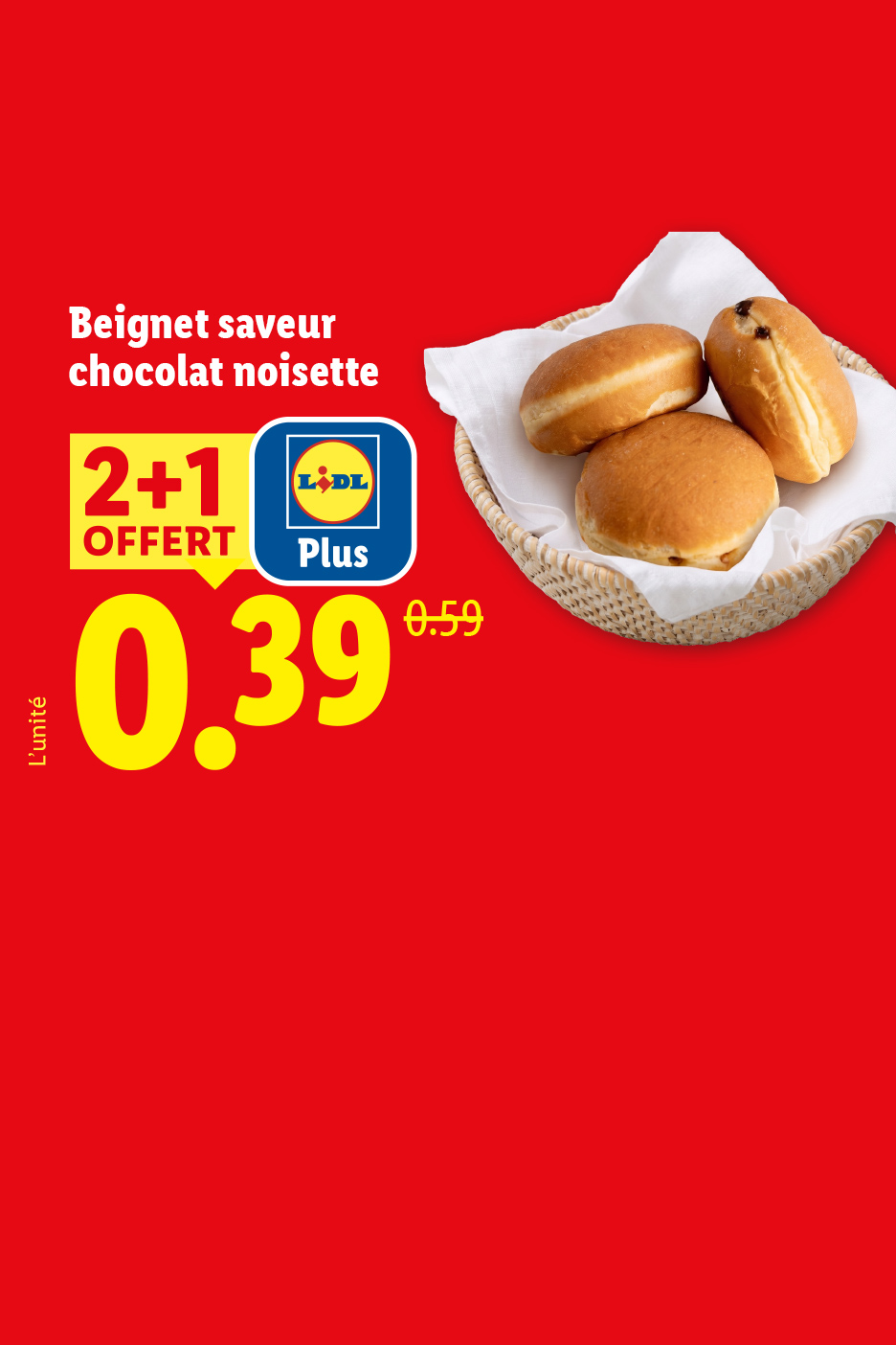 A partir du jeudi 30/07, profitez de notre offre 2+1 OFFERT avec Lidl Plus sur notre beignet saveur chocolat noisette, soit 0,39€ l'unité au lieu de 0,59€, seulement chez Lidl !