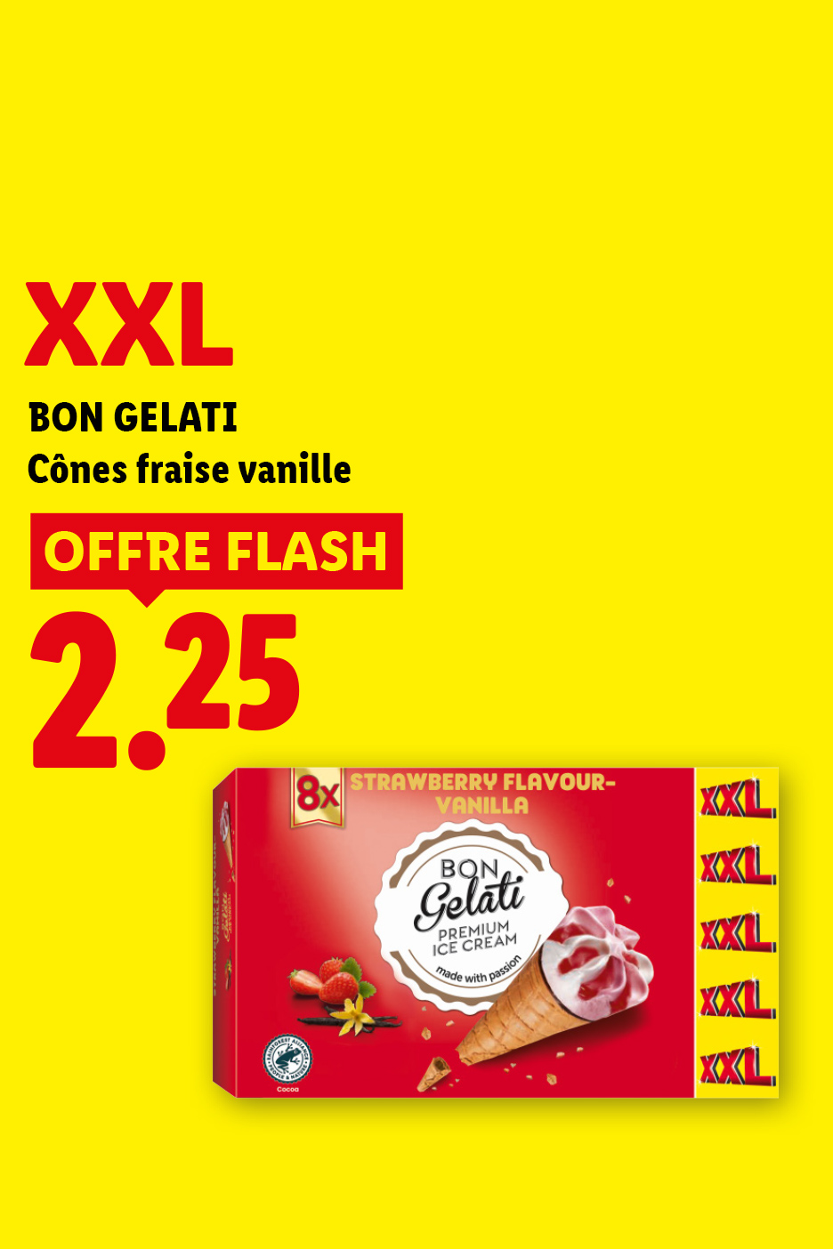 A partir du 13/08 profitez de notre offre flash sur nos  cônes fraise vanille à 2,25€ seulement chez Lidl !  