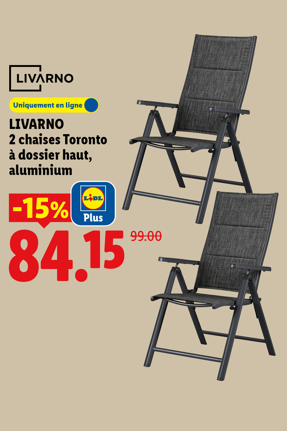 Deux chaises de jardin pliantes en aluminium à dossier haut, avec une réduction de 15%.