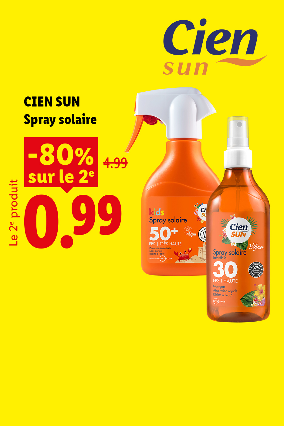 A partir du 20/08, profitez de -80% de remise sur le 2ème spray solaire CIENSUN, soit le 2ème produit à 0,99€ au lieu de 4,99€, seulement chez Lidl !