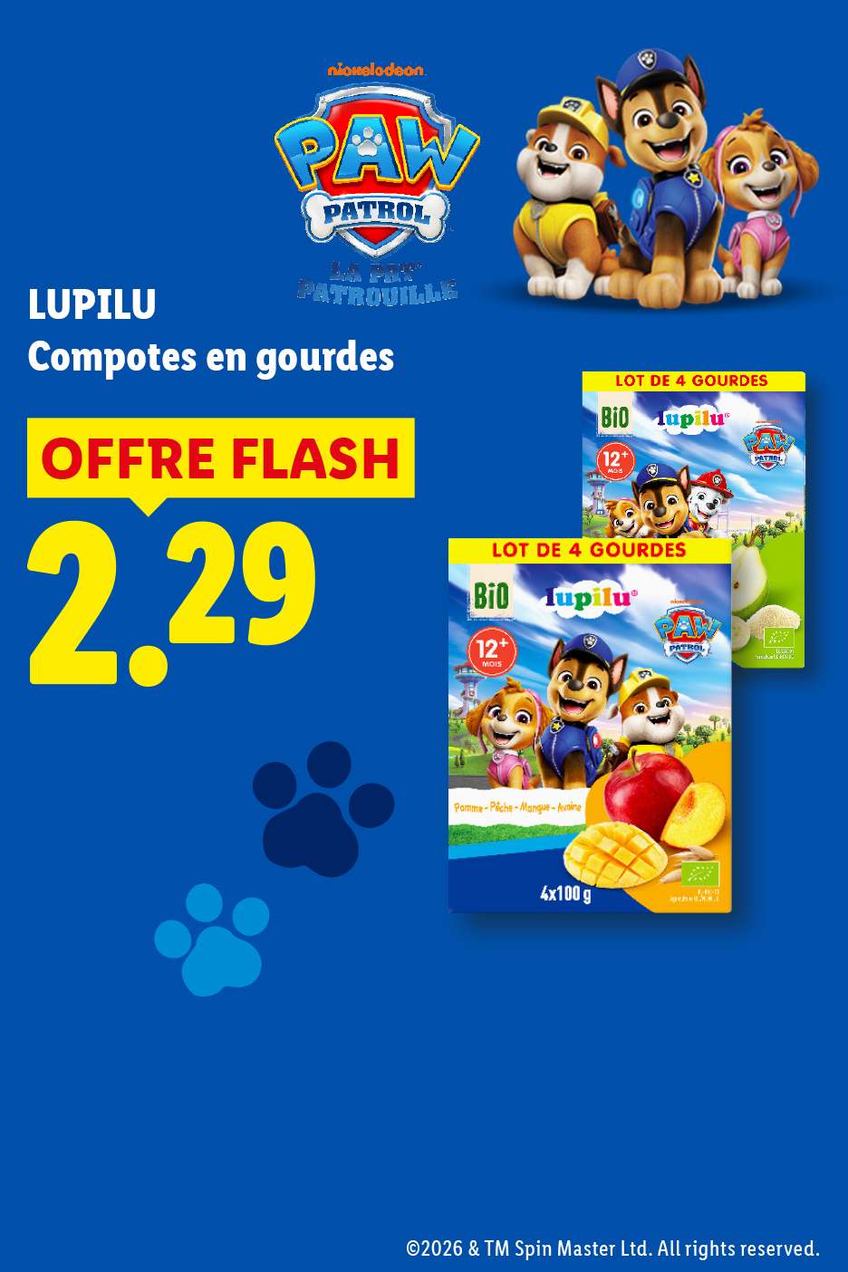 Le 27/08, profitez des compotes en gourdes pour enfants Pat' Patrouille avec une offre flash à 2,29€