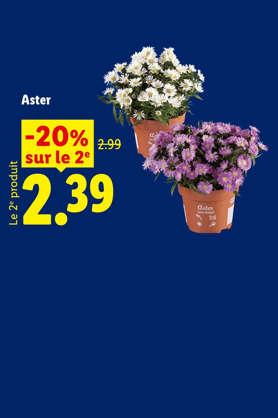 Le jeudi 03/09, profitez de -20% sur le 2e pot d'Aster, soit 2,39€ le 2e produit au lieu de 2,99€un blanc et un violet, avec une offre de -20% sur le deuxième produit à 2,39€.