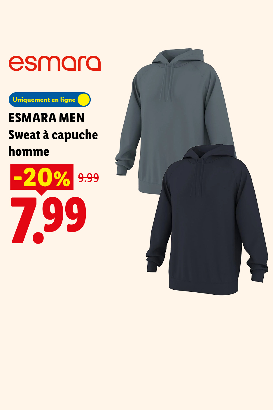 Sweat à capuche homme à 7,99€ au lieu de 9,99€ soit une réduction de -20% sur lidl.fr