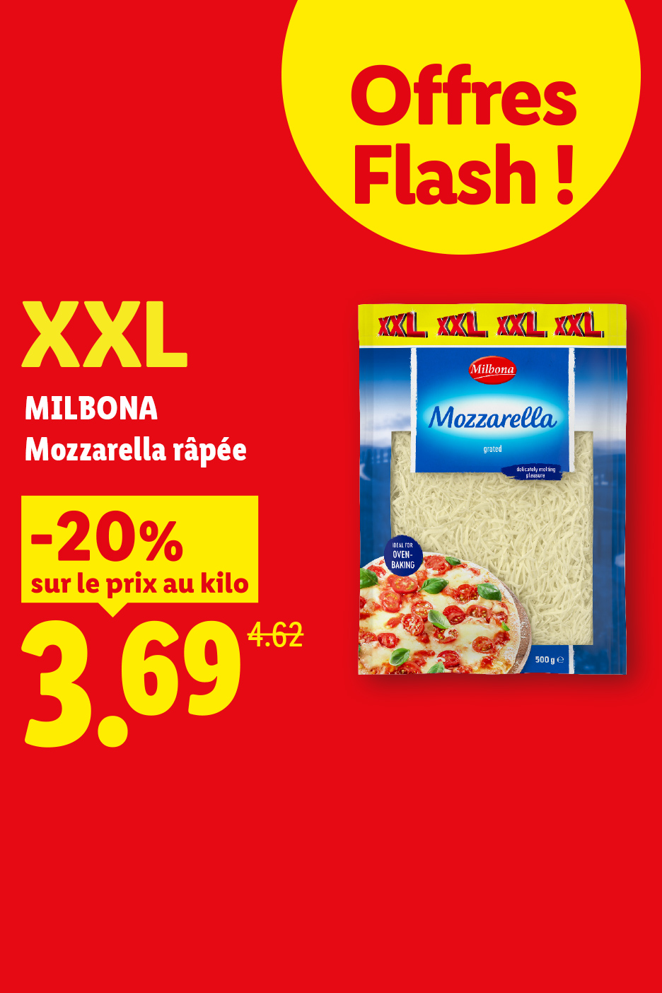 A partir du jeudi 10/09, profitez de -20% sur le prix au kilo sur la mozzarella râpée MILBONA, soit le kilo à 3,69€, seulement chez Lidl !