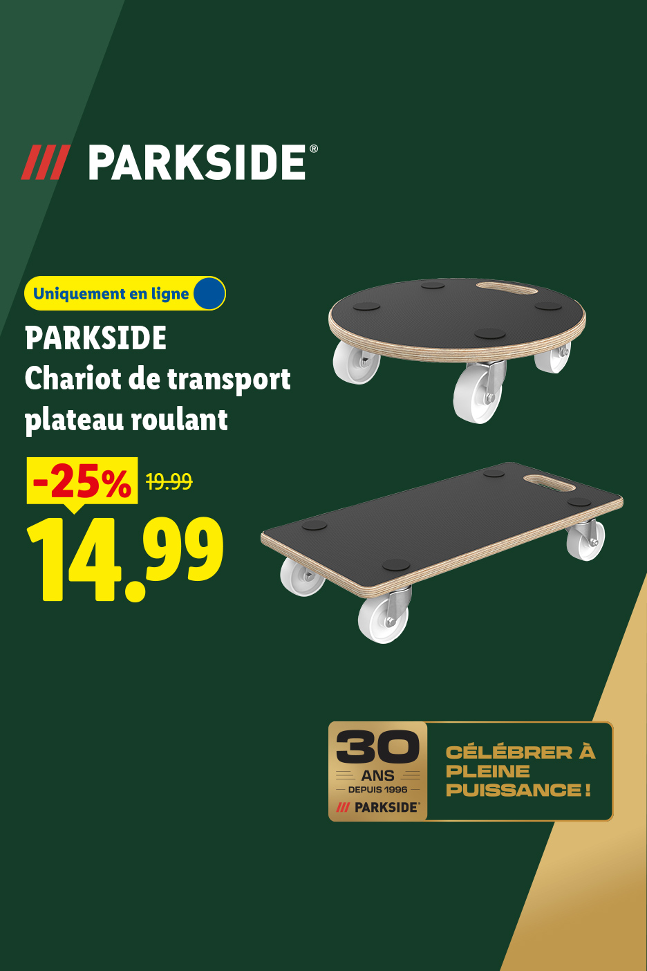 Chariot de transport plateau roulant à 14,99 € au lieu de 19,99€ soit une réduction de -25%