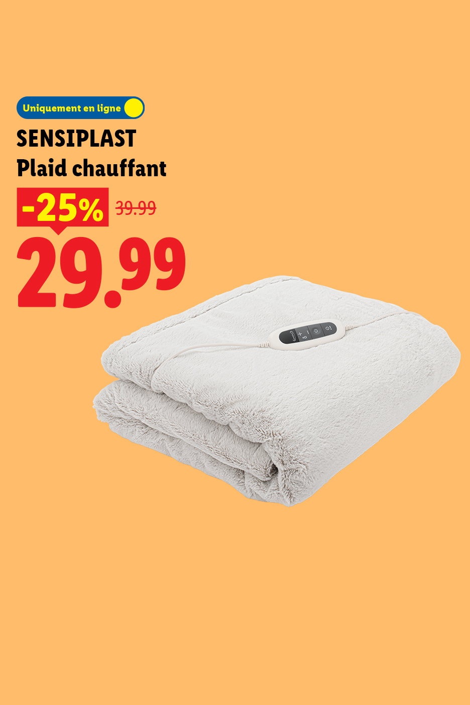 Plaid chauffant à 29,99 € au lieu de 39,99 € soit une réduction de -25%