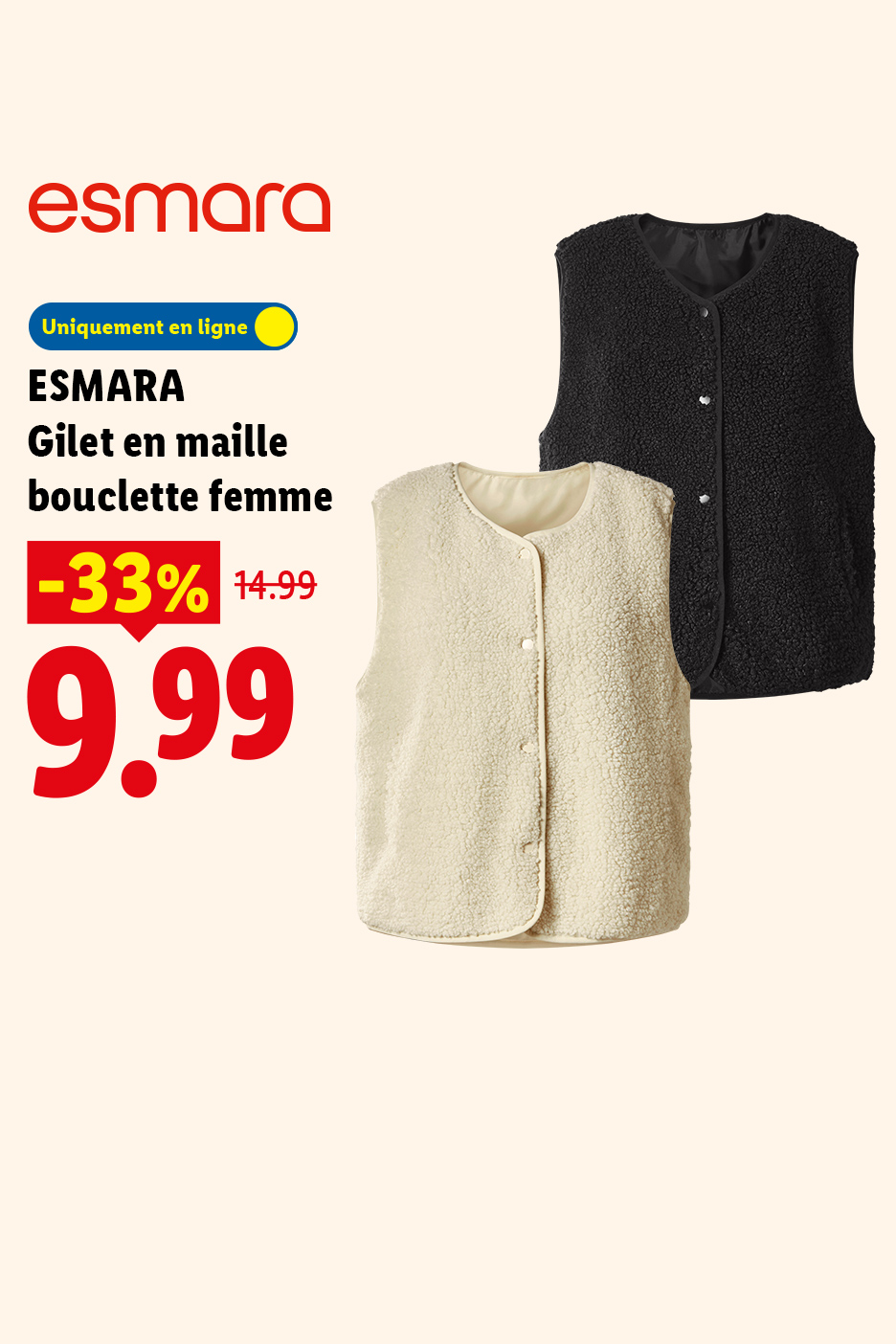 Gilet en maille bouclette femme à 9,99€ au lieu de 14,99€ soit une réduction de -33%