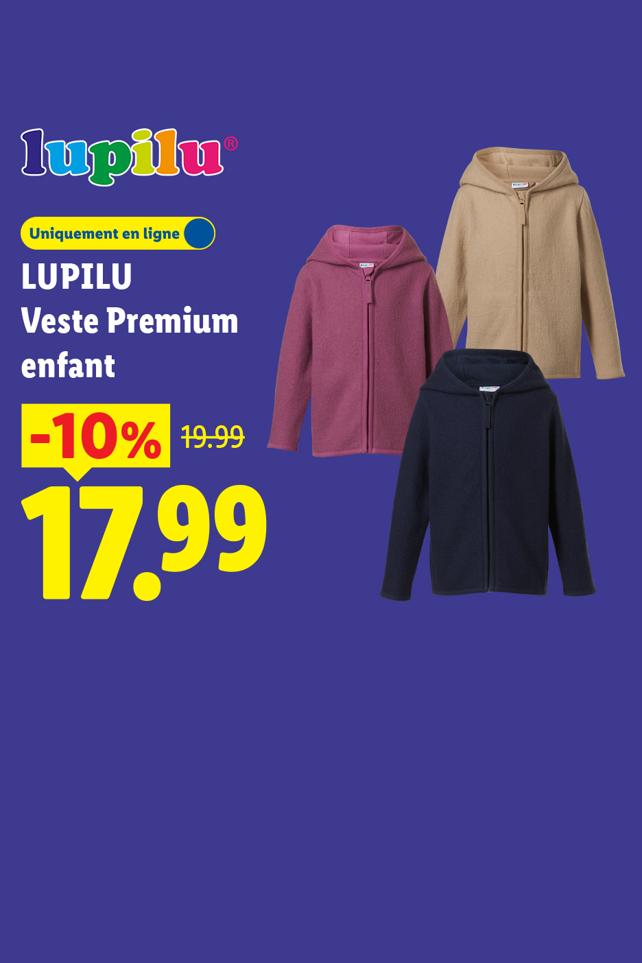 Veste Premium enfant à 17,99€ au lieu de 19,99€ soit une réduction de -10%, seulement sur lidl.fr