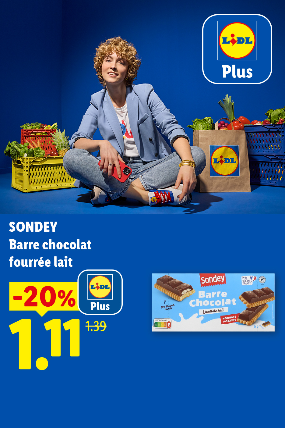 A partir du jeudi 01/10, profitez d'une remise Lidl Plus de 20% sur nos barres au chocolat fourrées au lait, soit le produit à 1,11€ au lieu de 1,39€, seulement chez Lidl !