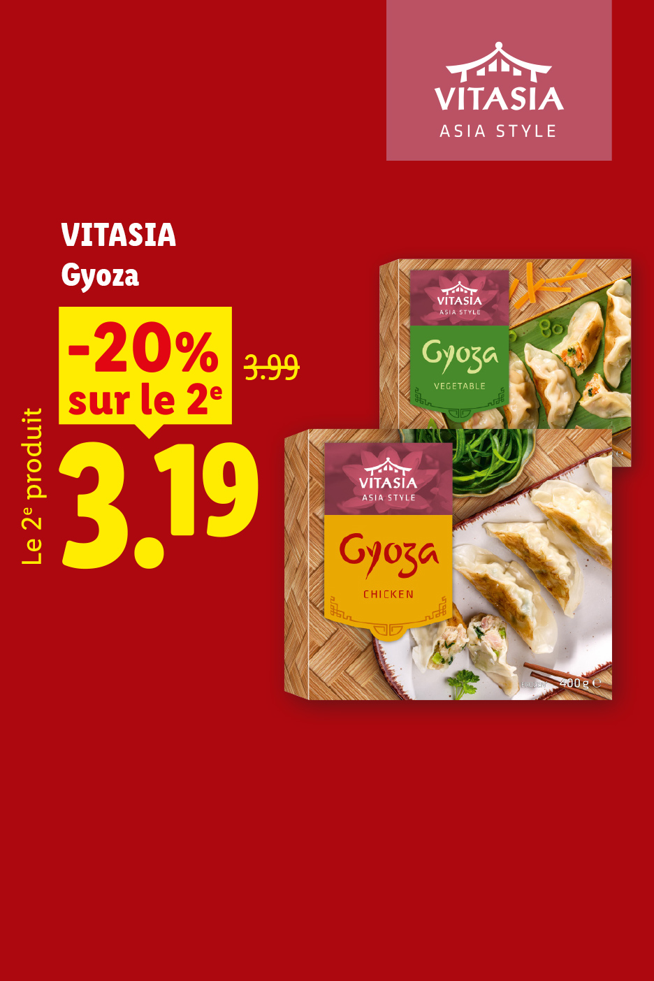A partir du jeudi 01/10, profitez de 20% de remise sur votre 2ème boite de gyozas, soit le 3,19€ au lieu de 3,99€, seulement chez Lidl !