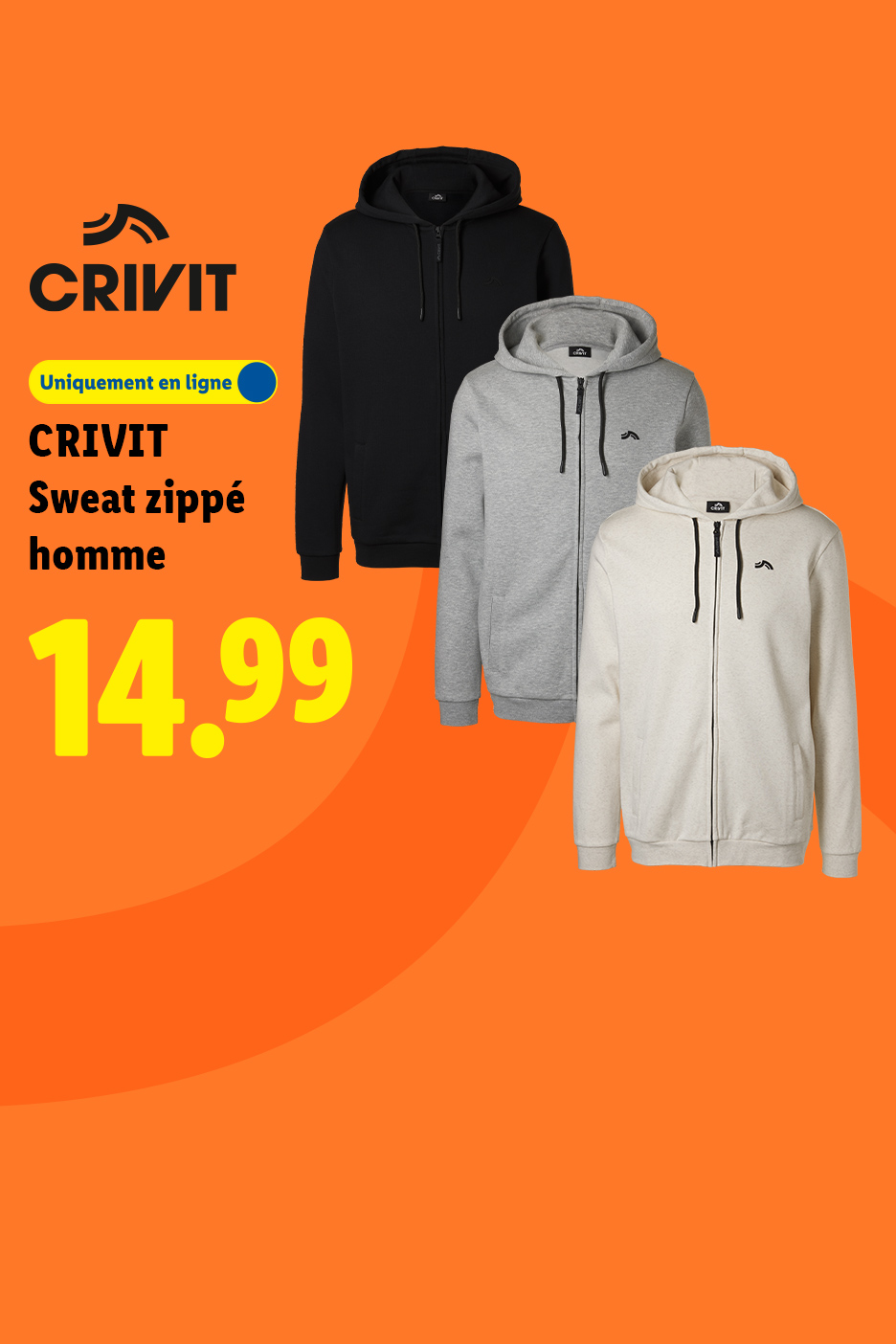 A partir du 28/09, profitez de notre sweat zippé homme à 14,99 €, seulement sur Lidl.fr !