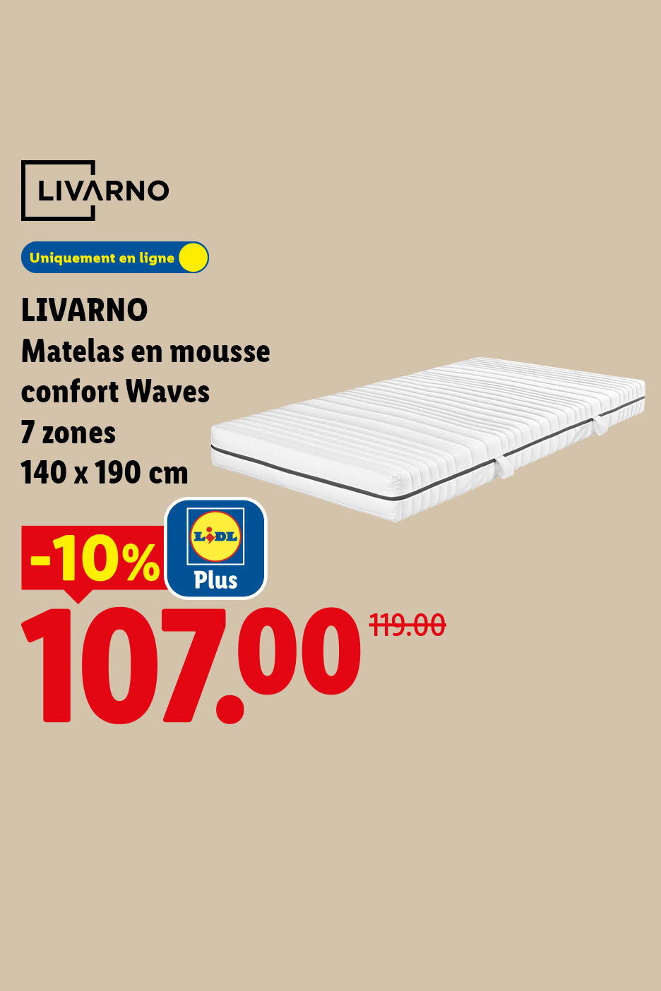 Matelas en mousse confort 7 zones, 140 x 190 cm en promotion.