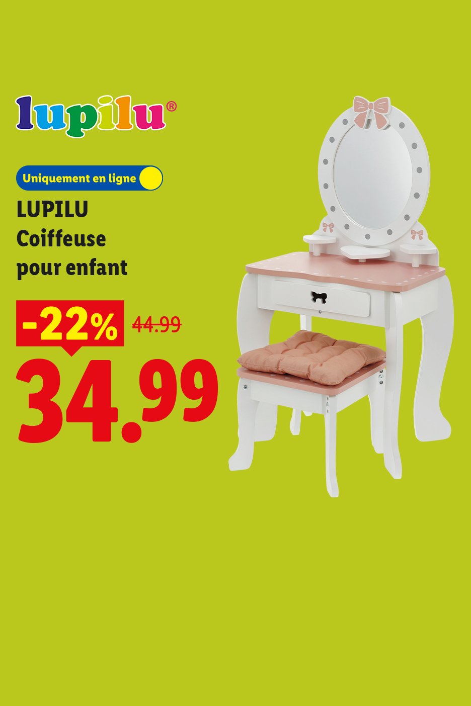 Coiffeuse pour enfant en bois à 34.99e au lieu de 44,99€ soit -22% de réduction. Une promotion de -50% est disponible sur la campagne Jouets de Noël