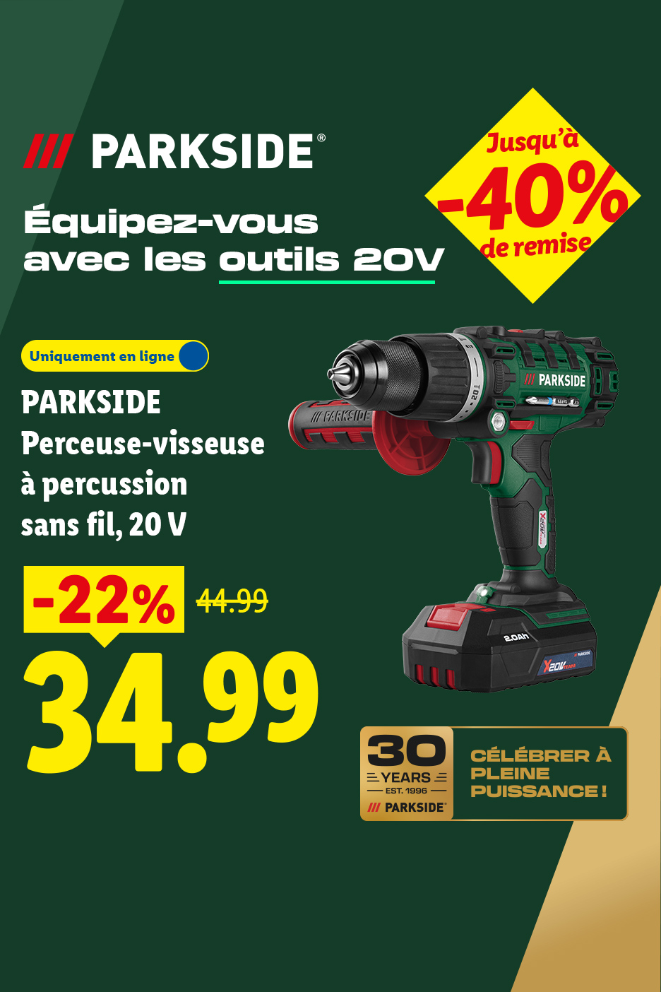 Perceuse-visseuse à percussion sans fil 20 V en promotion à 34,99 € à 44.99€.