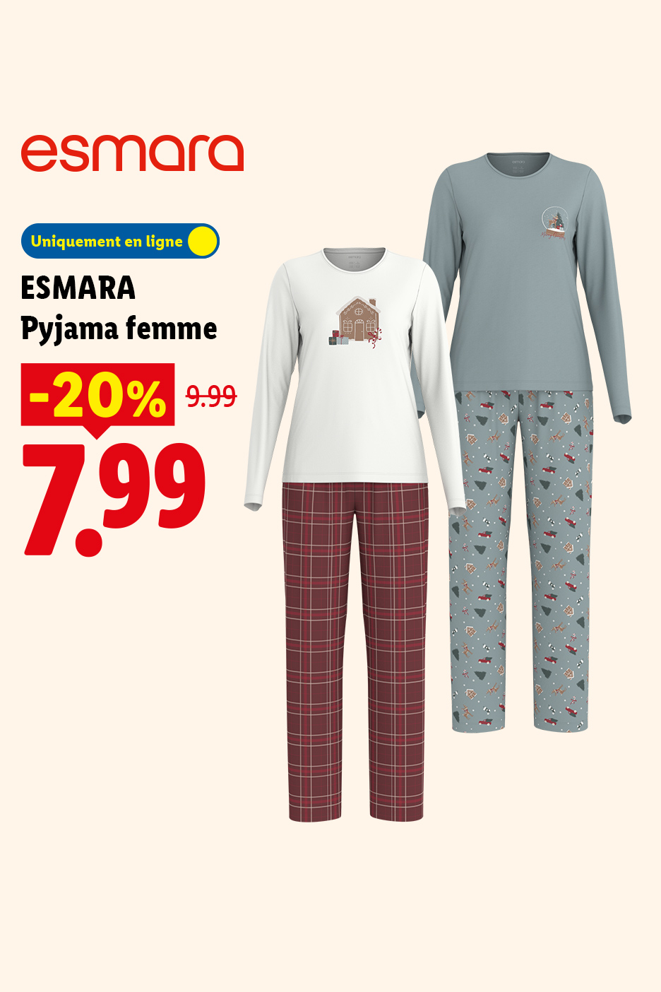 À partir du 12/10, profitez de 20 % de remise sur notre pyjama femme ESMARA à 7,99 € au lieu de 9,99 € uniquement sur Lidl.FR.