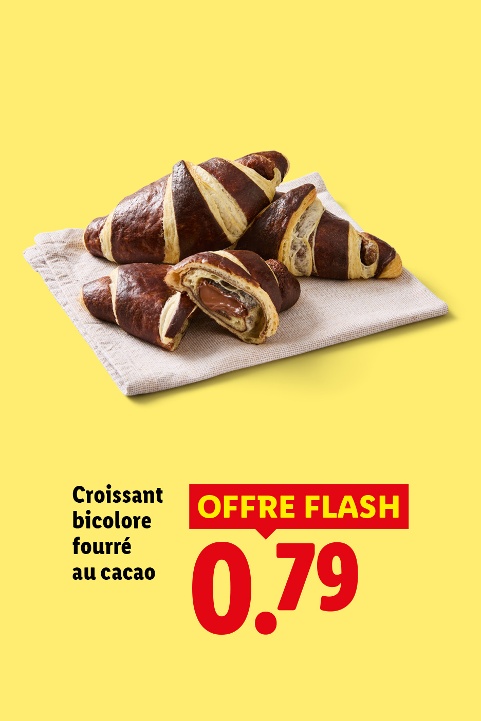 À partir du jeudi 05/11, profitez de notre offre flash sur le croissant bicolore fourré au cacao à 0,79 € chez Lidl.