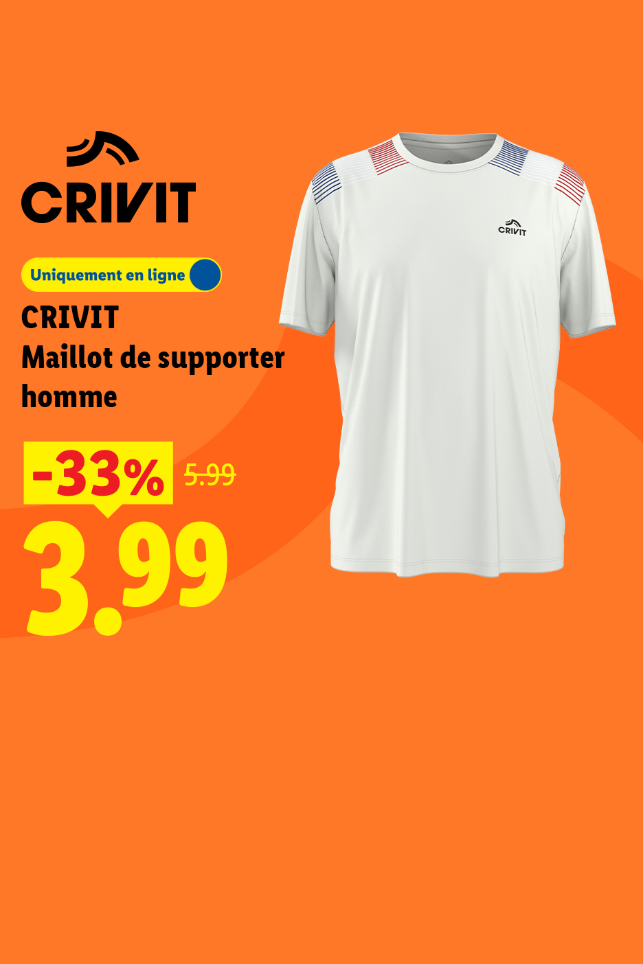 Uniquement en ligne : Maillot de supporter Crivit équipe de france blanc type pour homme à 3,99€ au lieu de 5,99€