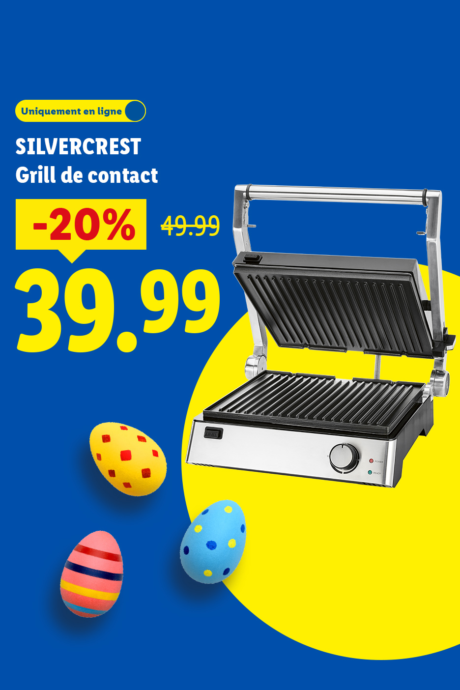 Un grill de contact en promotion à 39,99 € avec des œufs de Pâques décoratifs.