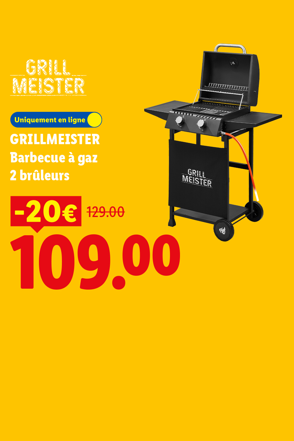 Un barbecue à gaz noir avec 2 brûleurs, affiché avec une réduction de 20€, passant de 129€ à 109€.