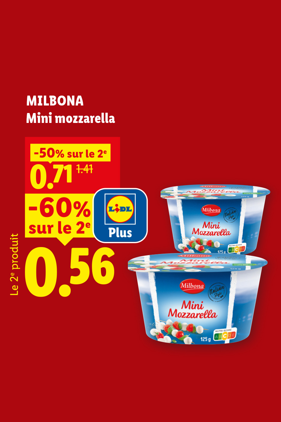 Mini mozzarella avec des réductions de prix pour le deuxième produit.