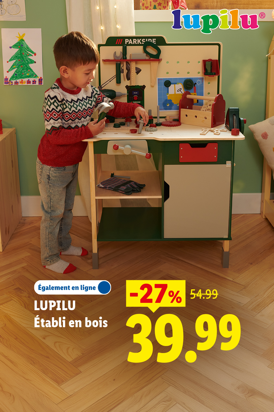 Établi en bois Lupilu avec accessoires Parkside, proposé à 39,99 € au lieu de 54,99 €, soit une réduction de -27%.