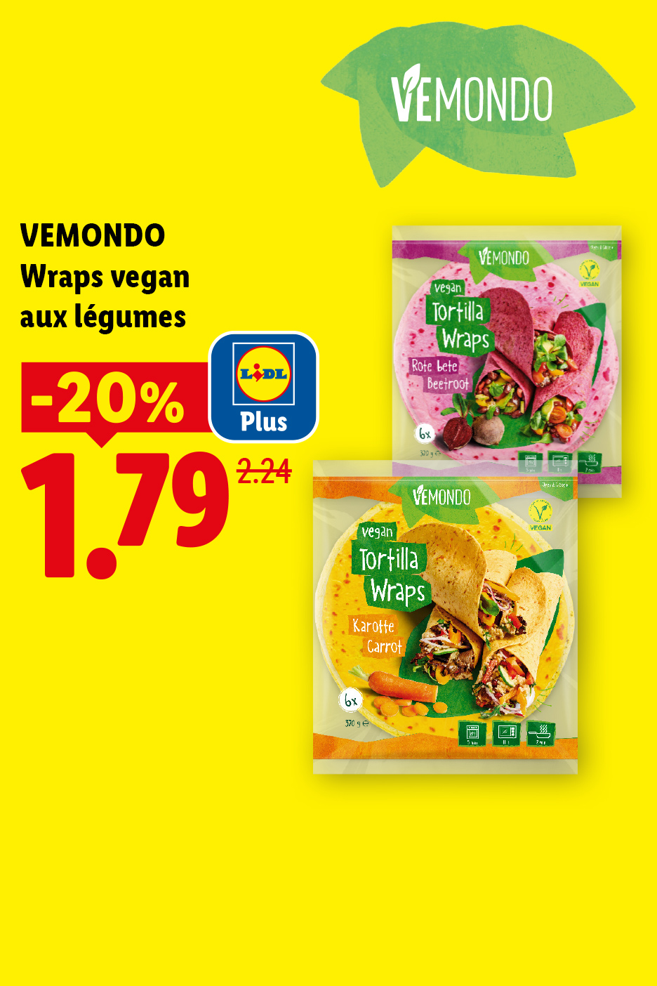 Publicité pour des wraps végétaliens aux légumes, avec une réduction de 20% à 1,79 €.