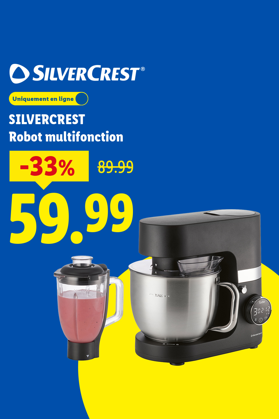 Robot multifonction et blender avec une réduction de 33%, passant de 89.99 à 59.99 euros.