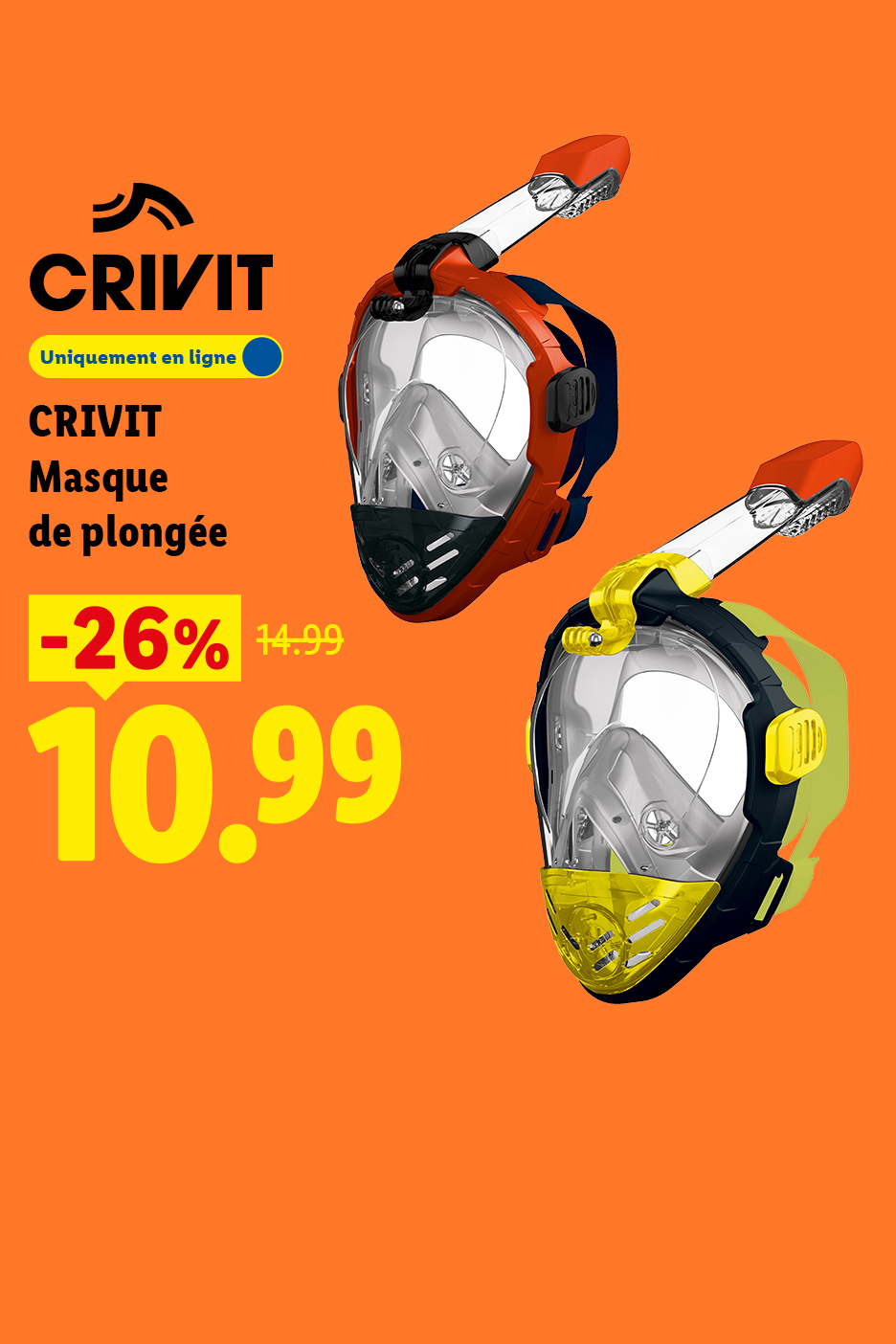 Deux masques de plongée intégraux, un rouge et un jaune, avec une réduction de 26%.