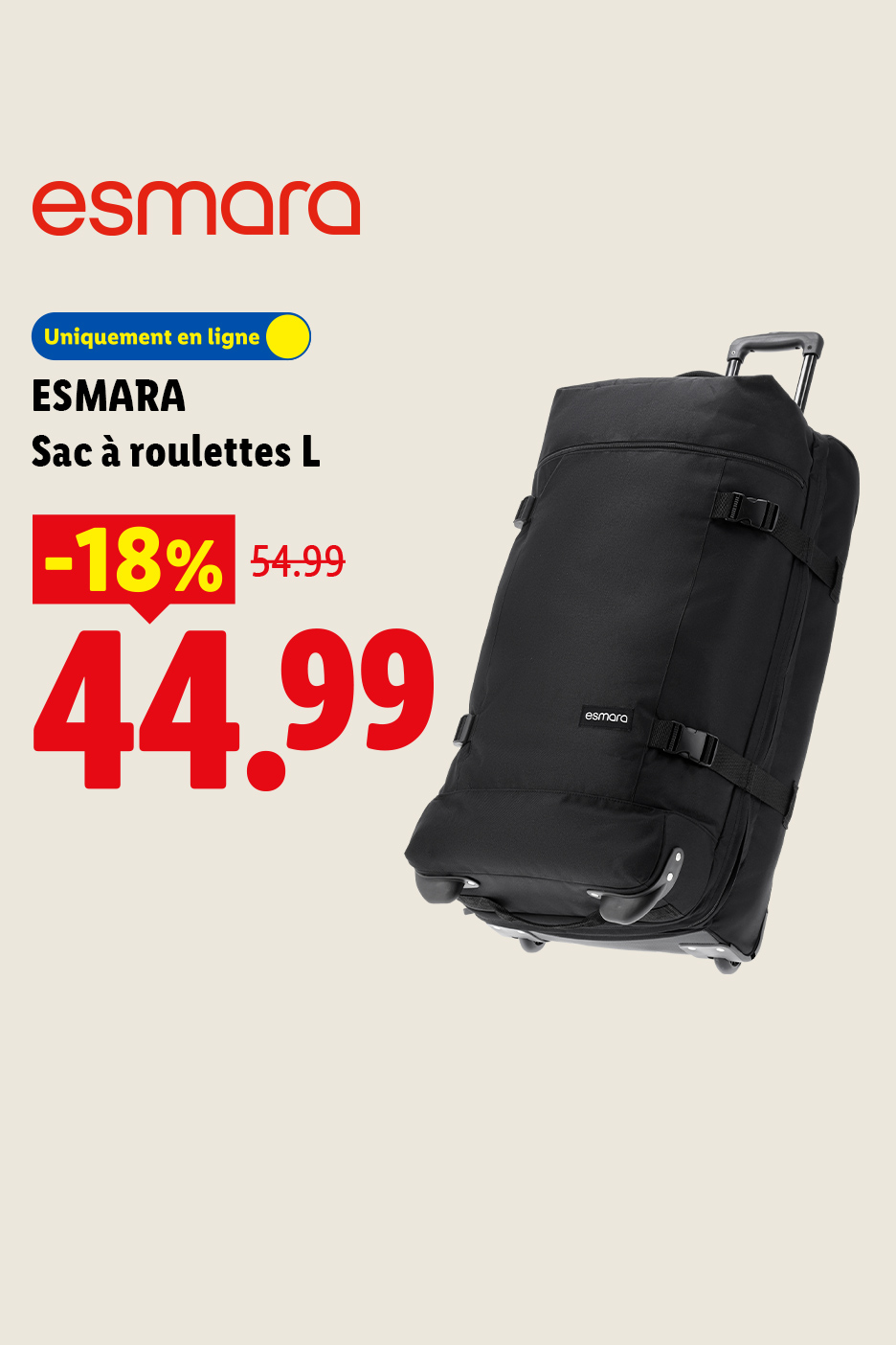 Sac à roulettes noir en promotion, disponible uniquement en ligne.
