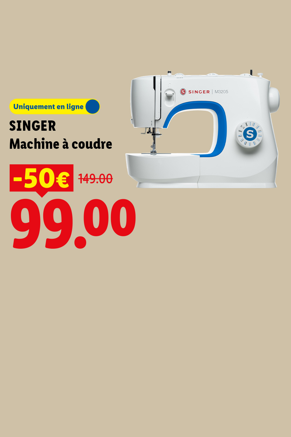 Machine à coudre blanche et bleue, en ligne, avec une réduction de 50€, prix final 99.00€.