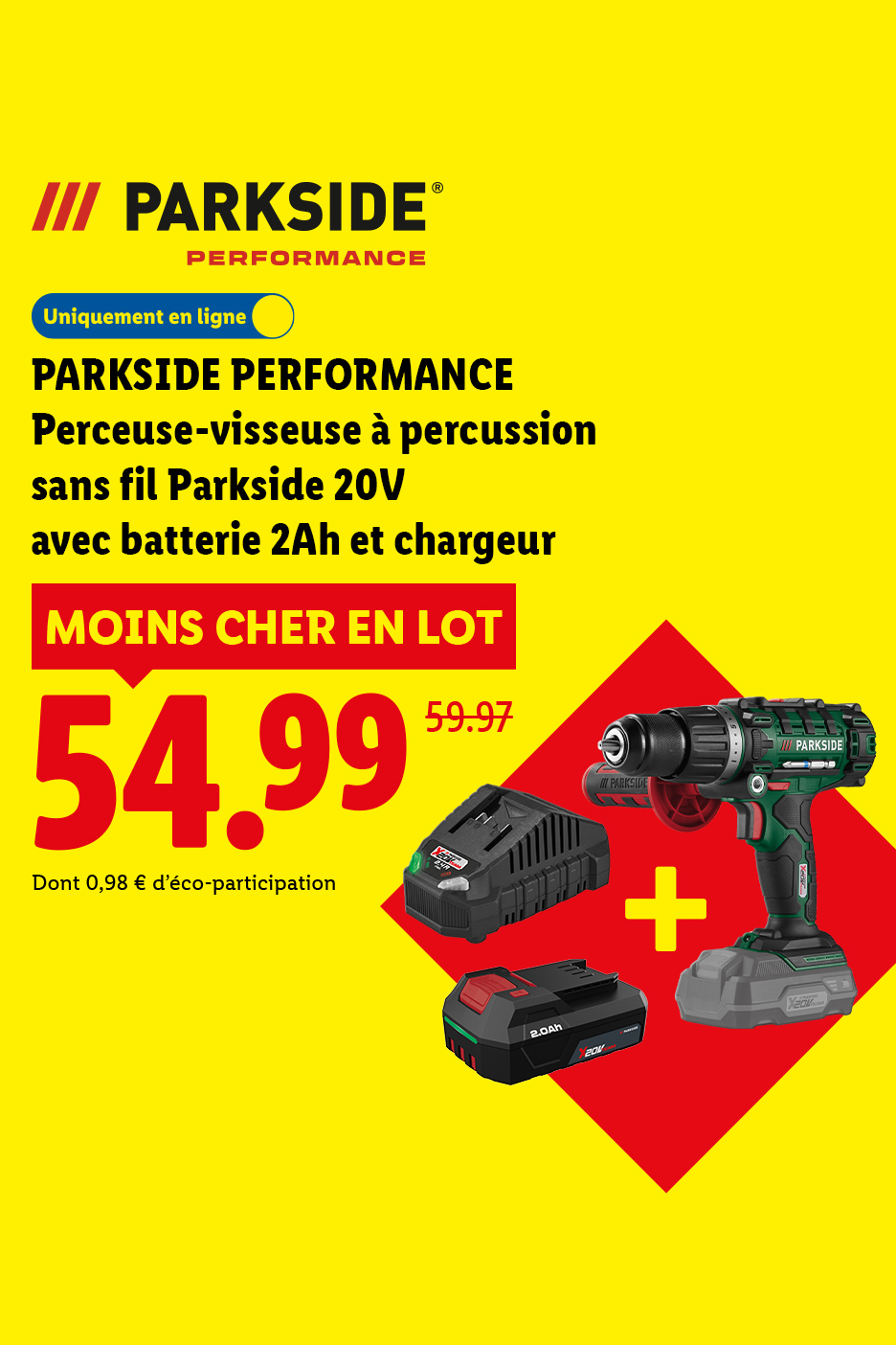 Perceuse-visseuse à percussion sans fil 20V avec batterie et chargeur à 54,99 €.