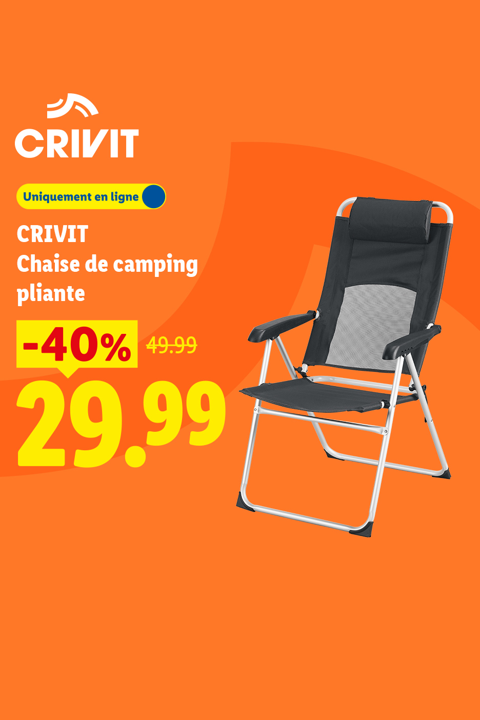 Chaise de camping pliante noire, 40% de réduction, prix final 29,99.