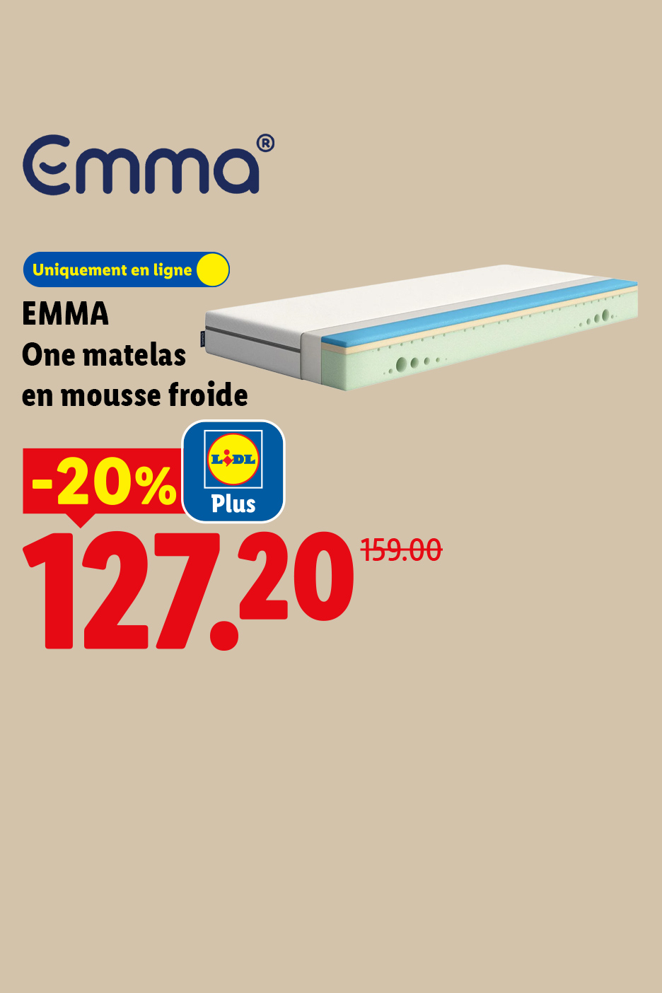 Matelas en mousse froide, disponible en ligne, avec une réduction de 20% pour les membres Lidl Plus.