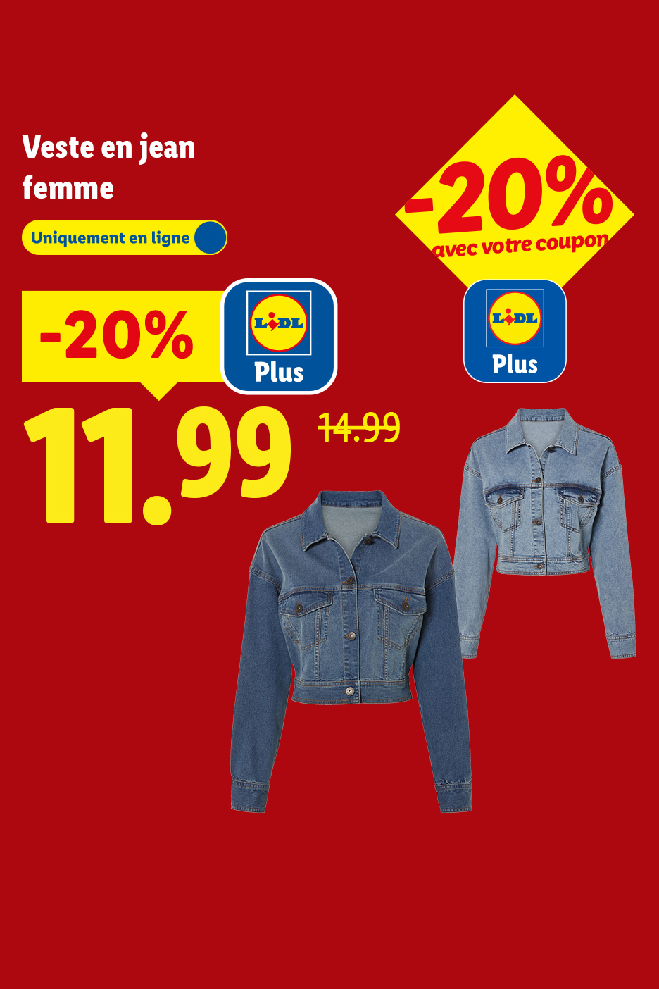 Veste en jean pour femme, disponible en ligne avec une réduction de 20% à 11,99€ au lieu de 14,99€.