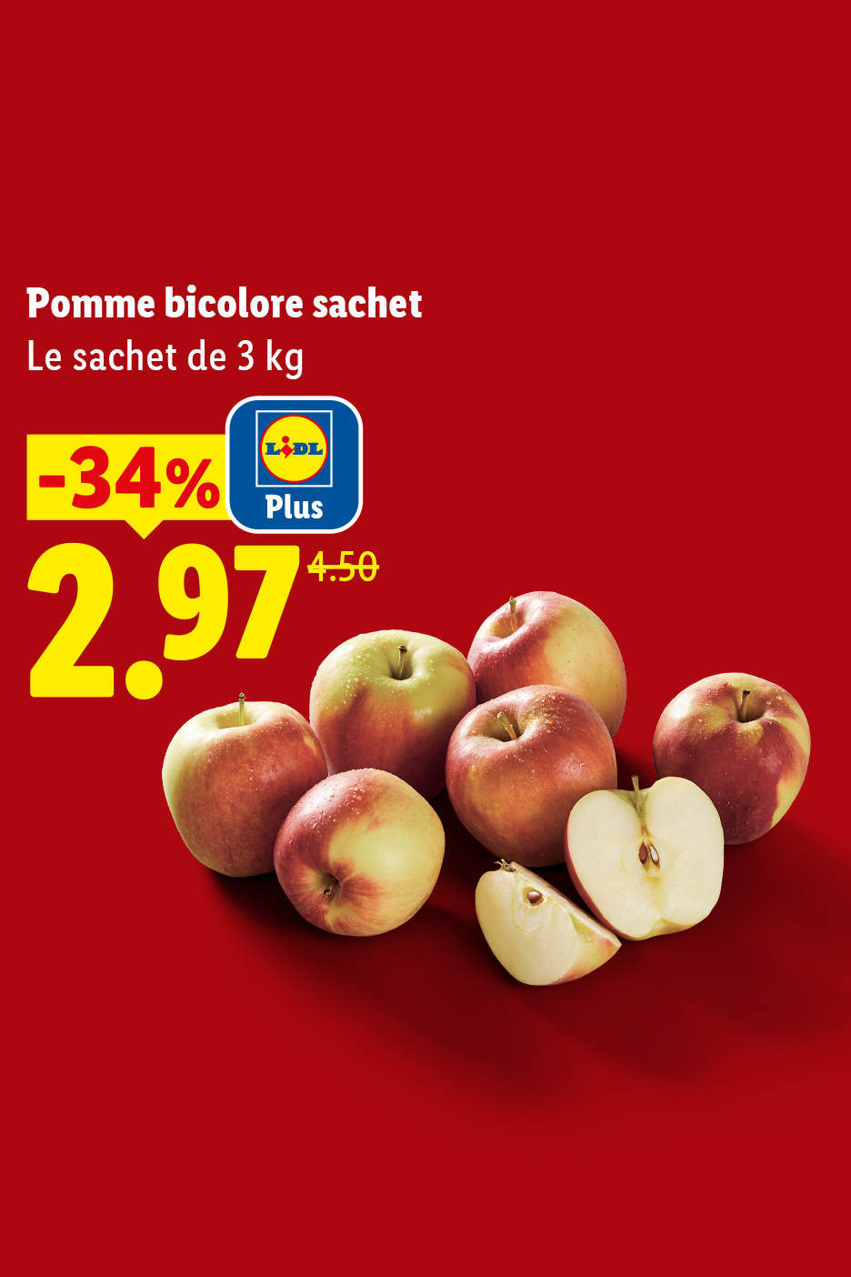 le 28/05, profitez de -34% de remise sur un Sachet de 3 kg de pommes bicolores en promotion à 2,97€