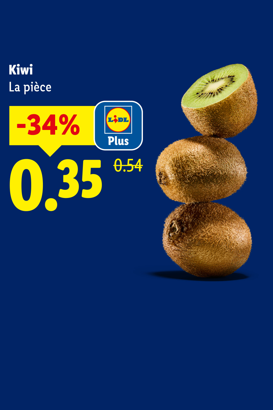 Trois kiwis sur fond bleu, avec une réduction de 34% à 0,35 (ancien prix 0,54).