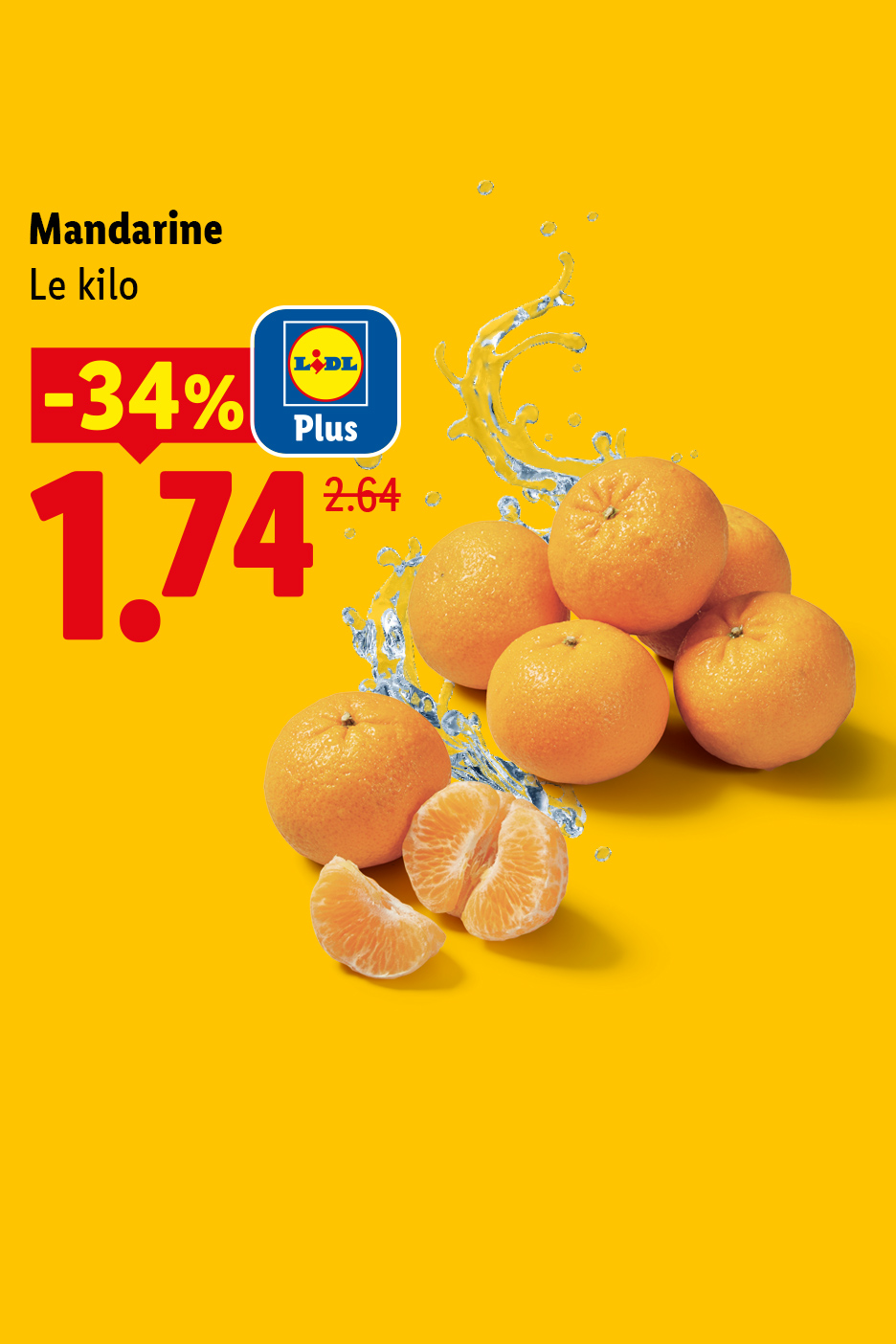 Mandarines en promotion à 1,74 le kilo, avec une réduction de 34%.