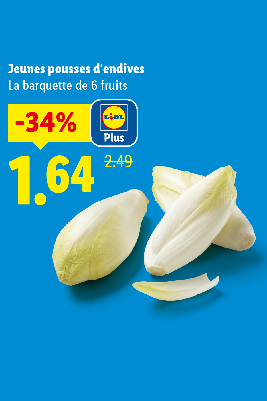 Jeunes pousses d'endives, la barquette de 6 fruits à 1,64€ au lieu de 2,49€, soit -34%.