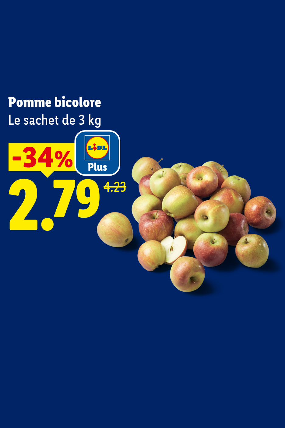 Pommes bicolores en sachet de 3 kg, avec une réduction de 34% à 2,79€ au lieu de 4,23€.