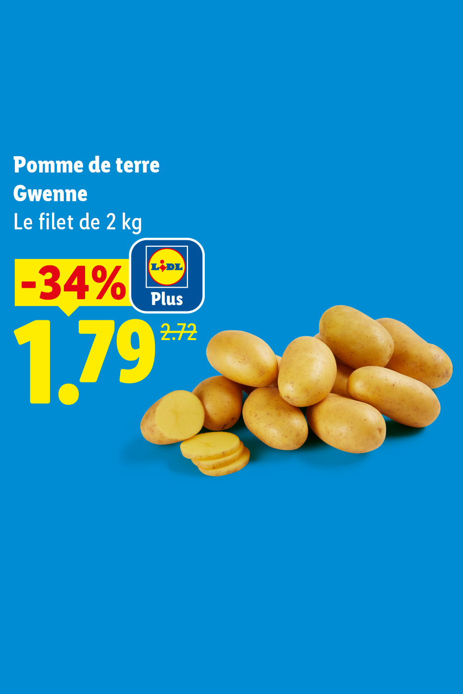 Pommes de terre Gwenne en filet de 2 kg, avec une réduction de 34% à 1,79€ au lieu de 2,72€.