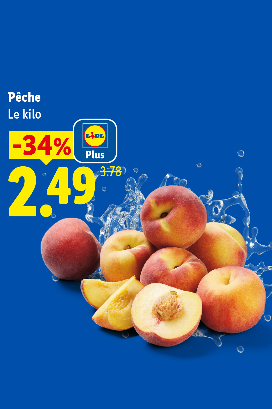 Du 20/07 au 22/07, profitez de -34% de réduction grâce à Lidl Plus sur notre kilo de pêches, à 2,49€ au lieu de 3,78€, seulement chez Lidl !